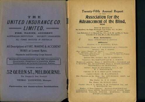 Advertisement for United Insurance.  List of Committee members.