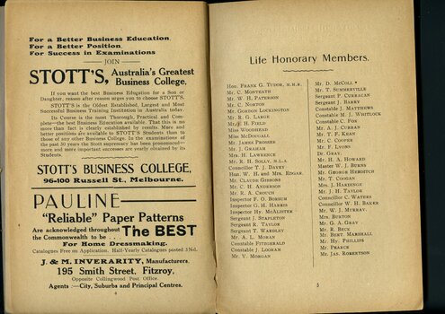 Advertisement for Stott's College and Pauline Paper Patterns and list of Honorary Life Members