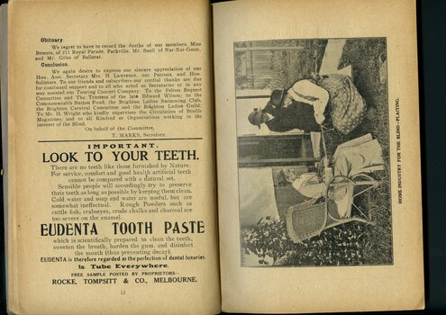 Overview of activities and events of the past year, advertisement for Eudenta Tooth Paste and photograph of woman plaiting with two others