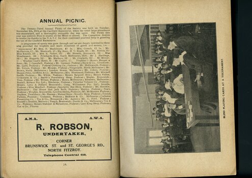 Report on the Annual Picnic, advertisement for R Robson and photograph of people at card tournament