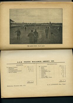 Photograph of race at Annual Picnic with balance sheet