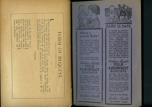 Form of Bequest and Advertisement for Swallow and Ariell's biscuits and cakes