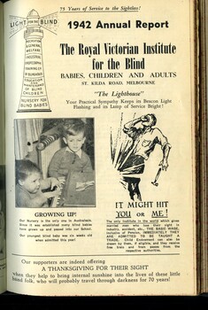 First page with picture of two young boys and illustration of man being hit in eye