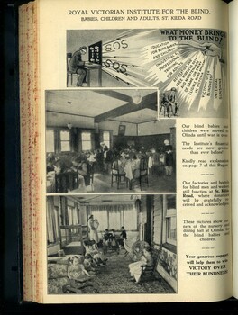 Two pictures showing the nursery and dining hall at Olinda and one illustration of hand holding out money with Institute's programs reaching towards 2 men
