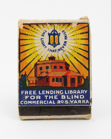 Front matchbook cover with coloured illustration of octagonal Braille Library building under a lamp "The light that never fails"