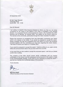 Letter to Neil Maxwell about Order of Australia medal