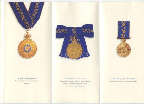Pamphlet with image of the Order of Australia on the cover and discussion of medal inside