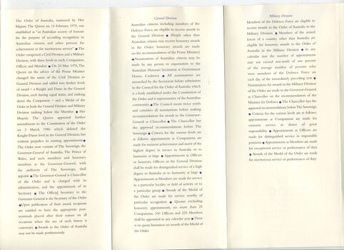 Pamphlet with image of the Order of Australia on the cover and discussion of medal inside