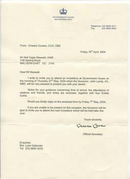 Letter advising of investiture ceremony and enclosing program and invitation cards
