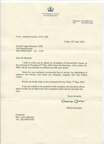 Letter advising of investiture ceremony and enclosing program and invitation cards