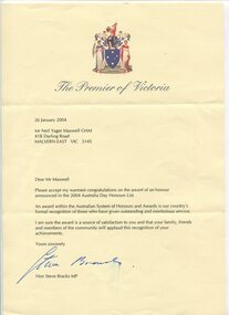 Letters and cards sent to Neil Maxwell congratulating him on his Member of the Order of Australia award