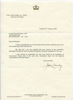 Letters and cards sent to Neil Maxwell congratulating him on his Member of the Order of Australia award