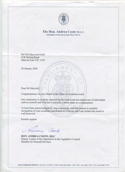 Letters and cards sent to Neil Maxwell congratulating him on his Member of the Order of Australia award