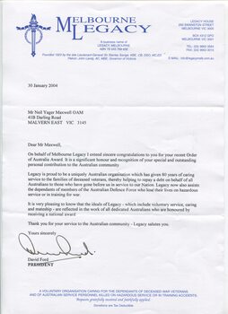 Letters and cards sent to Neil Maxwell congratulating him on his Member of the Order of Australia award