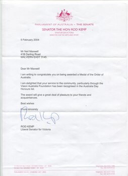 Letters and cards sent to Neil Maxwell congratulating him on his Member of the Order of Australia award