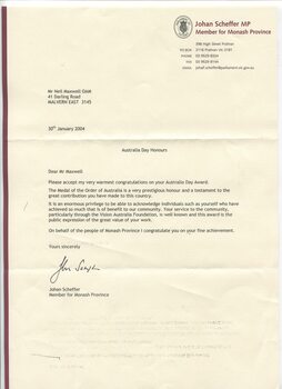 Letters and cards sent to Neil Maxwell congratulating him on his Member of the Order of Australia award