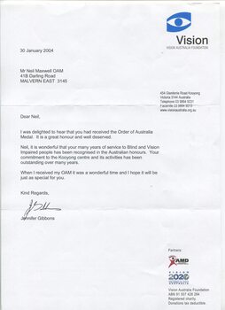 Letters and cards sent to Neil Maxwell congratulating him on his Member of the Order of Australia award