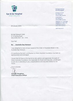 Letters and cards sent to Neil Maxwell congratulating him on his Member of the Order of Australia award