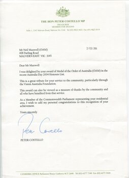 Letters and cards sent to Neil Maxwell congratulating him on his Member of the Order of Australia award