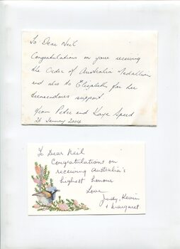 Letters and cards sent to Neil Maxwell congratulating him on his Member of the Order of Australia award