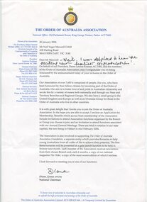 Letter from Association inviting Neil Maxwell to join them as an OAM reciptent