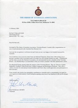 Letter from Association inviting Neil Maxwell to join them as an OAM reciptent