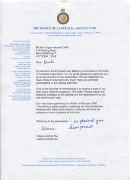 Letter from Association thanking Neil Maxwell for joining them