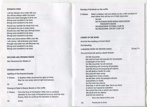 Order of Service for Peter Baker's funeral