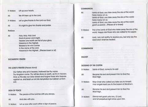 Order of Service for Peter Baker's funeral