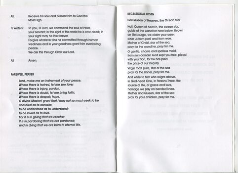 Order of Service for Peter Baker's funeral