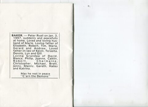 Order of Service for Peter Baker's funeral