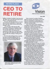 Newsletter advising upcoming retirement of John Cook with colour photograph