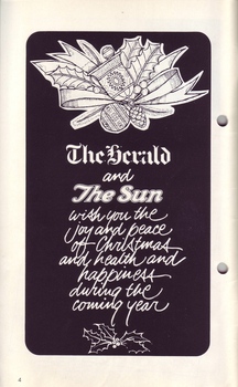 Drawing of ivy and bells with Christmas message from The Herald and The Sun newspapers