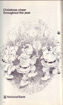 Drawn Santa's dancing in a circle with candles - advertisement from National Bank
