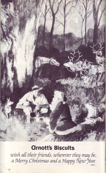 Painting of Santa and a horseman in the bush - Christmas message from Arnott's biscuits