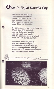 Words to Once in Royal David's City and picture of spotlights on audience from the rear