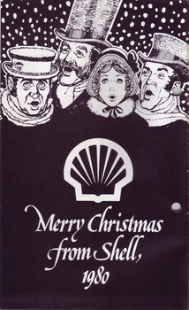 Four people with bonnets and hats singing and Christmas message from Shell