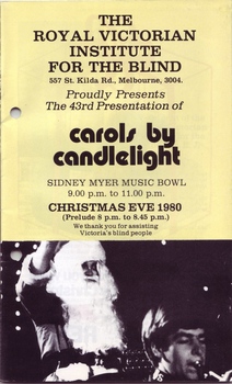 Information on Carols running times and photo of Santa behind an orchestra member