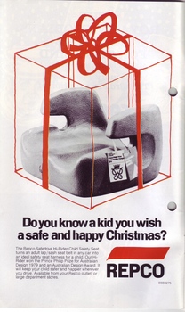 Safety seat in box with red ribbon in an advertisement from Repco