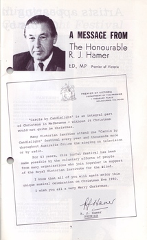 Portrait and letter style message from Premier R.J. Hamer