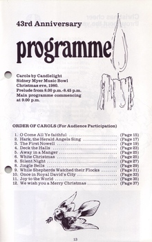 Order of Carol songs with page numbers and drawings of a dove and candle