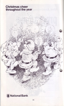 Drawing of Santa's holding candles as they dance in a circle - advertisement from National Bank
