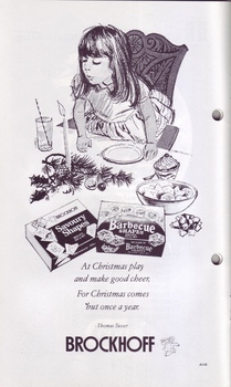 Drawing of girl leaning on table to blow out candle, with boxes of Brockhoff Shapes