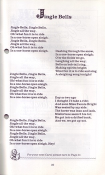 Words to Jingle Bells with small illustration of singer holding a song book