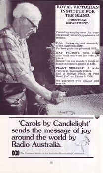 Photograph of mat maker at RVIB with list of industrial sites and advertisement that Carols is broadcast on Radio Australia