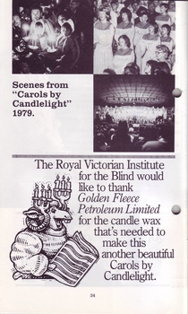 Photos of 1979 Carols audience and performers and RVIB thanking Golden Fleece Petroleum for candle wax