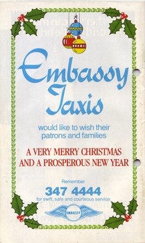 Coloured drawing of holly, ivy and Christmas bells with Christmas message from Embassy Taxis