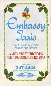 Coloured drawing of holly, ivy and Christmas bells with Christmas message from Embassy Taxis