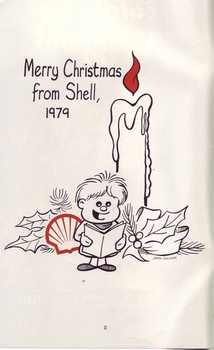 Drawing of child singing with oversized candle behind them and Christmas message from Shell