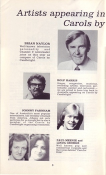 Portraits and biographies of Brian Naylor, Rolf Harris, Johnny Farnham, Paul Meenie and Linda George